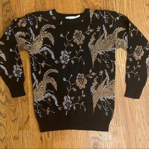 🦋 Vintage black sweater with gold metallic floral  holiday sweater